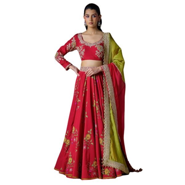 Red Floral Lehenga Choli Set with Contrast Green Dupatta Embroidered Blouse